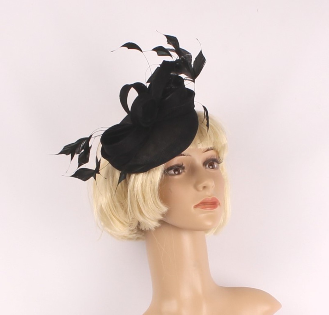 Hatinator with sinamay base and bow, feathers black. Style: HS/3003 image 0